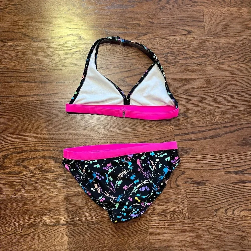 ⭐Y2K Ocean Pacific Paint Splatter Bikini Neon Pink Halter Two Piece XXS